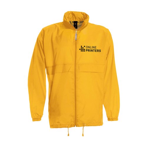 Goudgele nylon windjack met rits en capuchon.