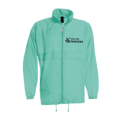 Turkooizen nylon windjack met volledige ritssluiting.