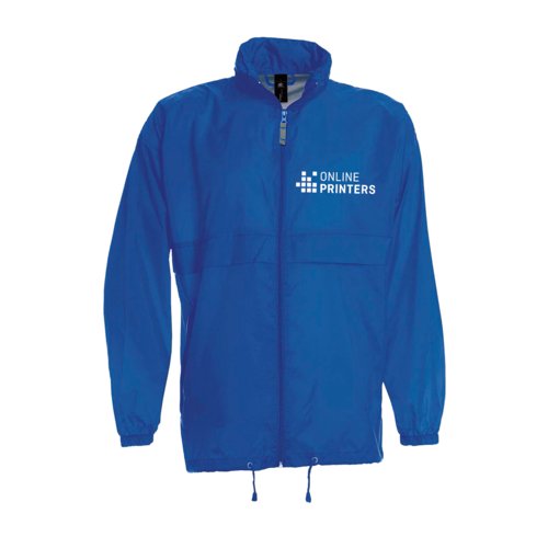 Blauwe nylon windjack met capuchon en rits.