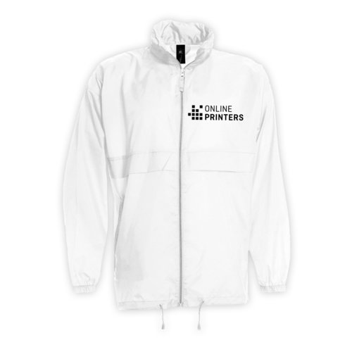 Witte nylon windjack voor heren met ritssluiting.