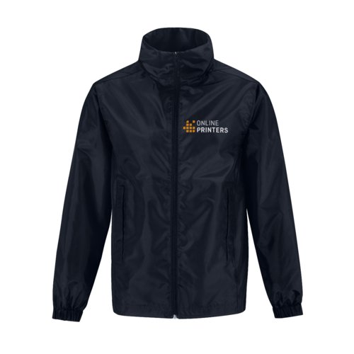 Marineblauwe polyester windjack met ritssluiting en zijzakken.