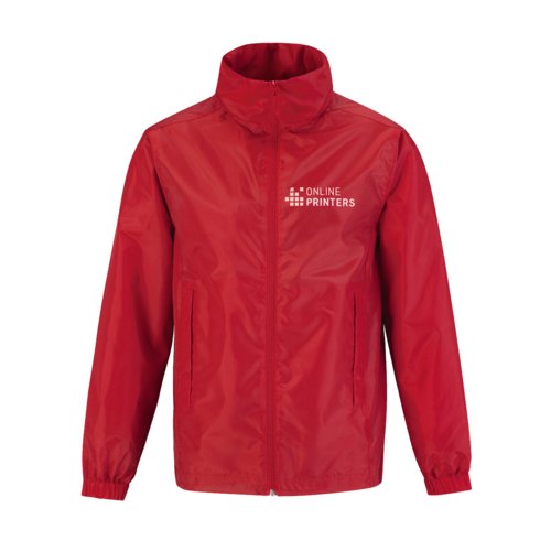 Rode polyester windjack met volledige ritssluiting en zijzakken.