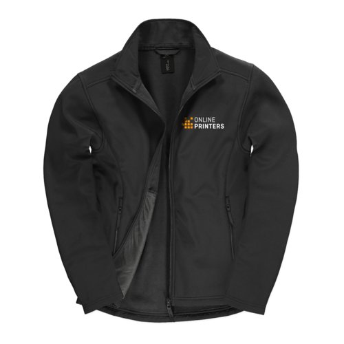 Zwarte softshell jas met volledige ritssluiting en zakken.