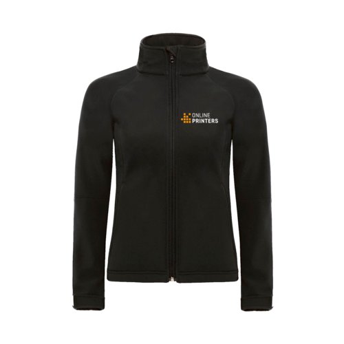 Zwarte softshell jas met volledige ritssluiting en opstaande kraag.