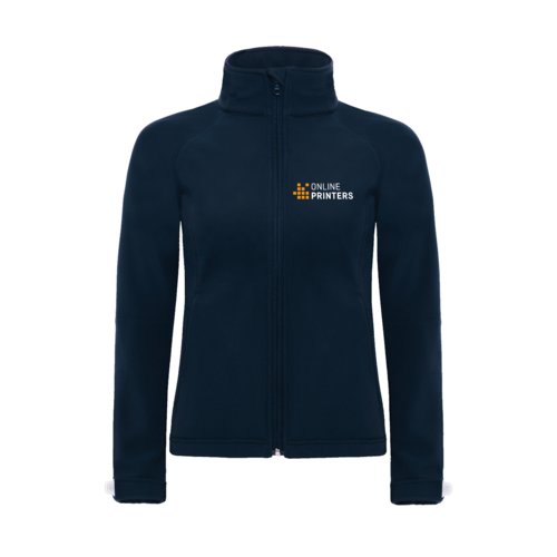Marineblauwe softshelljas voor dames met volledige ritssluiting.