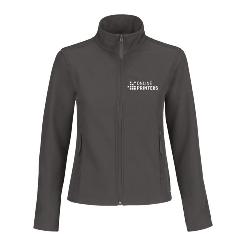 Donkergrijs polyester en elastaan softshell jack met ritssluiting.