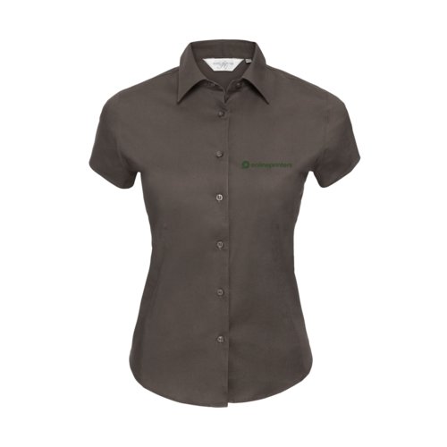 Bruine katoenen blouse met korte mouwen en knoopsluiting voor dames.