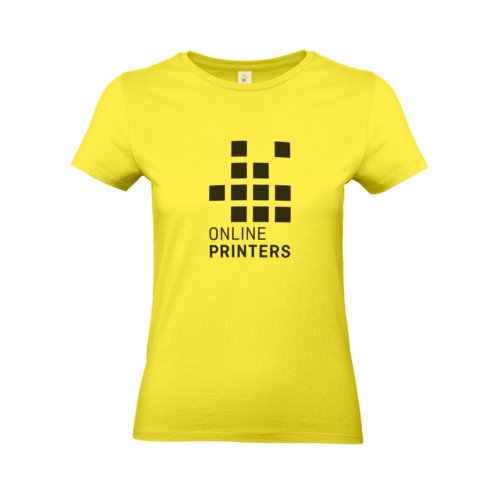 Geel katoenen dames-T-shirt met korte mouwen.