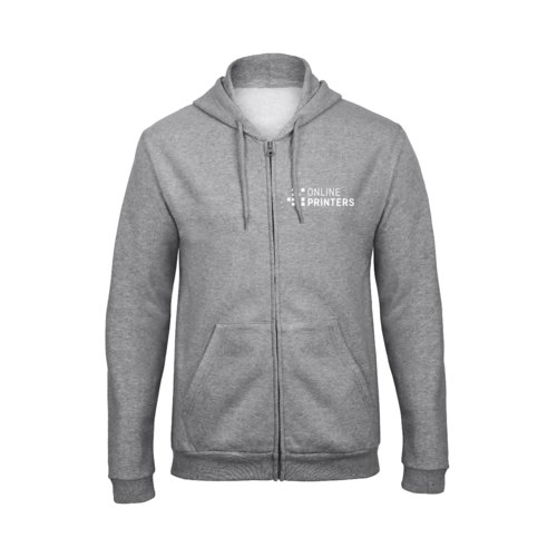 Grijs gemleerd sweatjack van een polyester-katoenmix met volledige ritssluiting en capuchon.