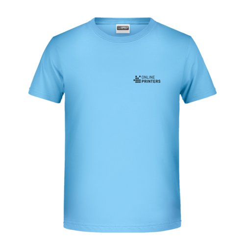 Hemelsblauw katoenen T-shirt met korte mouwen.