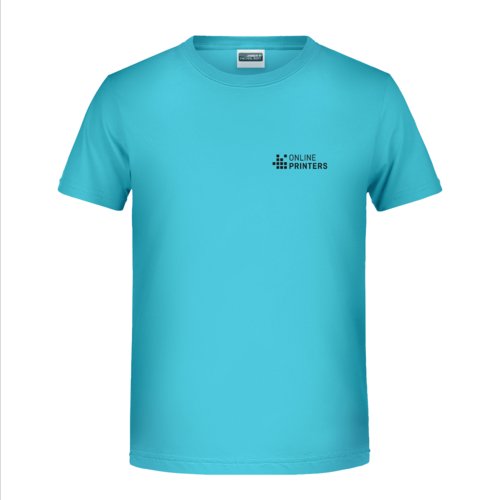 Turquoise katoenen T-shirt met korte mouwen.