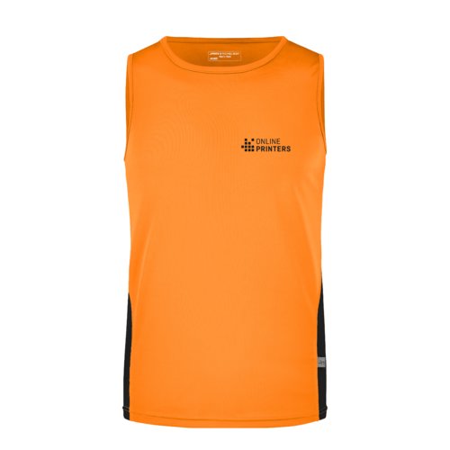 Oranje polyester tanktop voor heren met zwarte zijpanelen.