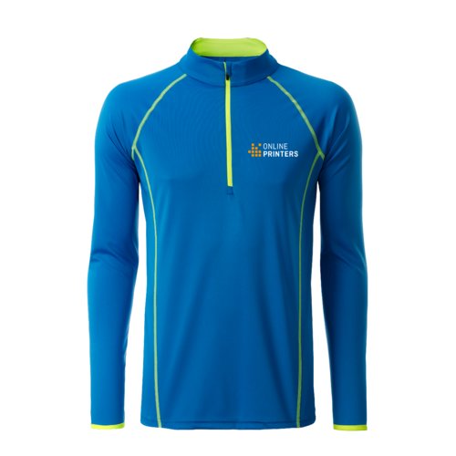 Blauw en neongeel polyester shirt met lange mouwen en korte ritssluiting.