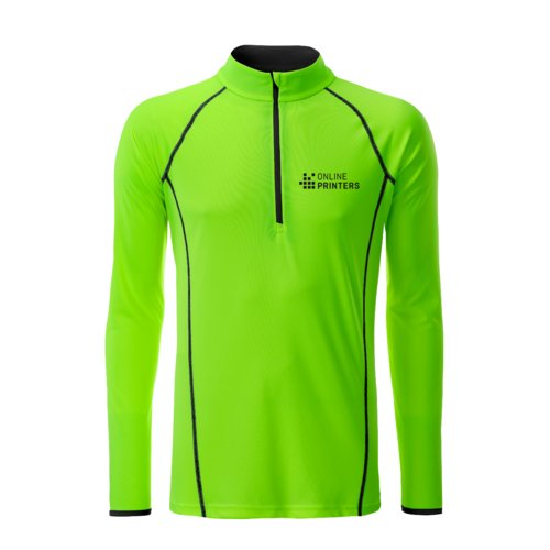 Neongroen polyester shirt met lange mouwen en korte ritssluiting.