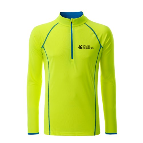 Neon geel polyester shirt met lange mouwen en korte ritssluiting.