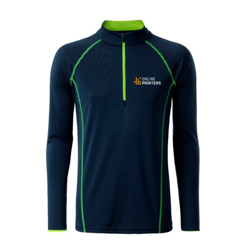 Marineblauw polyester functioneel shirt met lange mouwen en korte rits.