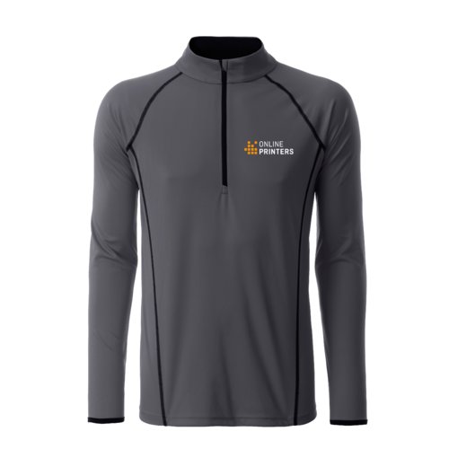 Donkergrijs polyester shirt met lange mouwen en korte rits.