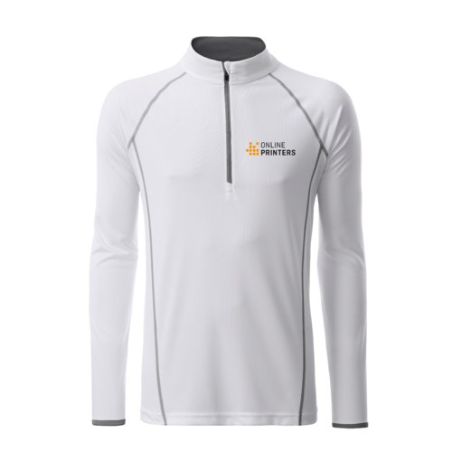 Wit polyester shirt met lange mouwen en ritssluiting.