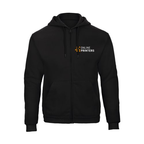Sweatjack met volledige ritssluiting en capuchon.