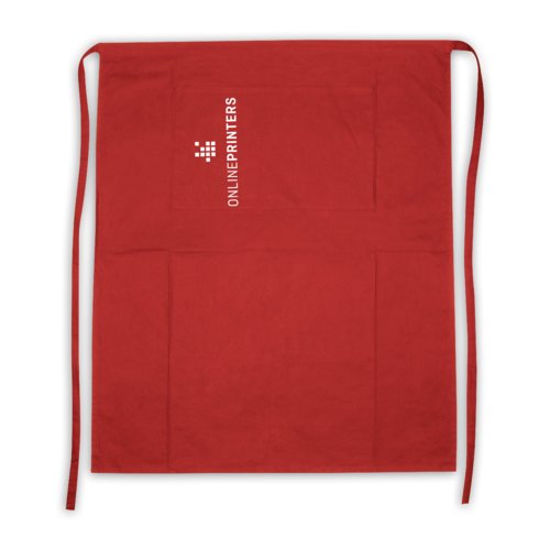 Rood katoenen schort met nekband en lange linten.