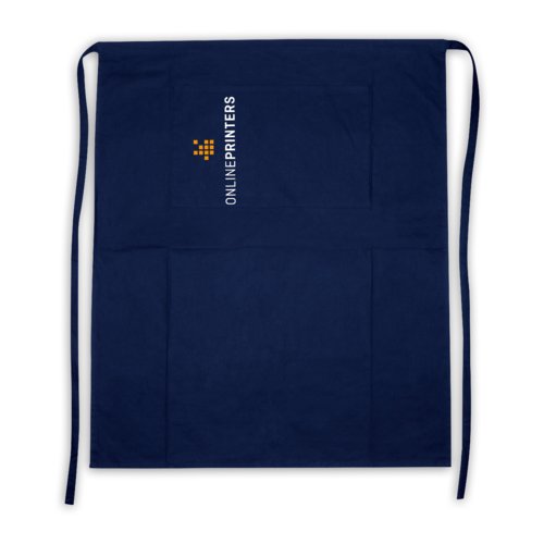 Donkerblauw katoenen schort met lange banden en opgestikte zak.