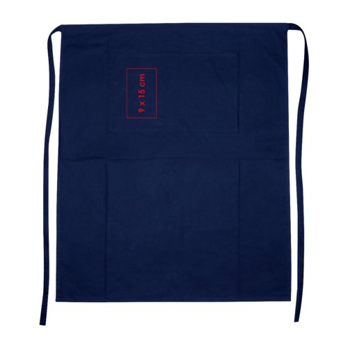 Blauw katoenen schort met lange banden en een opgestikte zak.