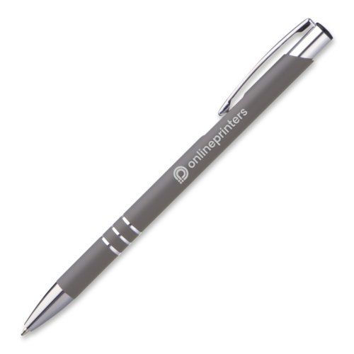 Grijze metalen balpen met clip en drukknop.