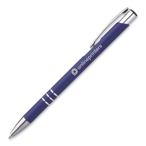 Blauwe metalen balpen met clip en drukknop.