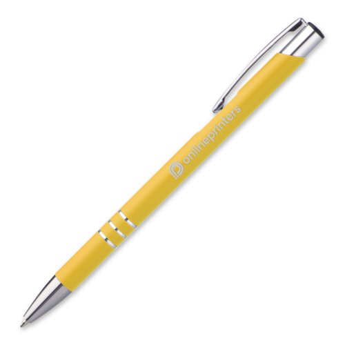 Gele metalen balpen met clip en drukknop.