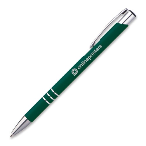 Groene metalen balpen met clip en drukknop.