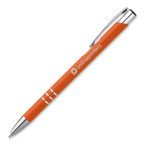 Oranje metalen balpen met clip en drukmechanisme.