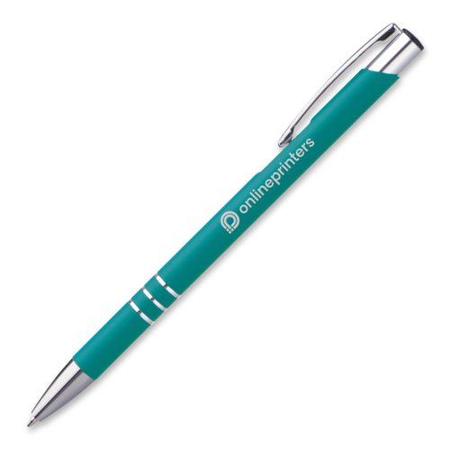 Turquoise metalen balpen met clip en drukknop.