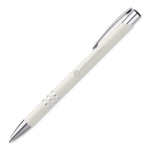Witte metalen balpen met clip en drukknop.