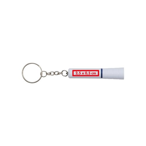 Witte plastic sleutelhanger met LED-licht en metalen ring.