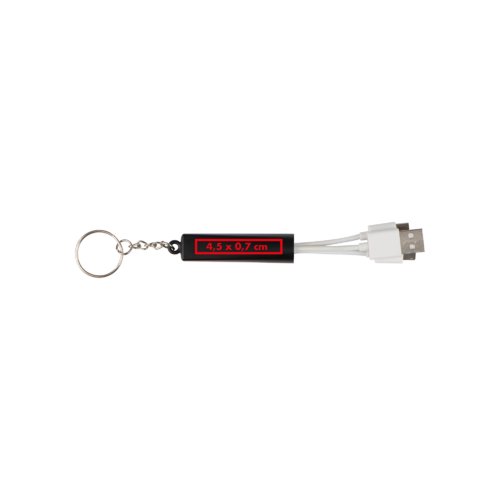 Zwarte USB-oplaadkabel met sleutelhanger en drie verschillende connectoren.