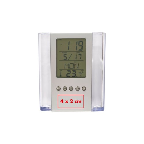 Transparante acryl pennenhouder met digitaal display.