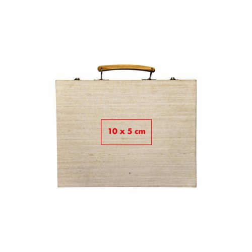 Houten schilderset met handvat en sluiting.