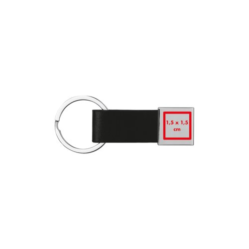 Zwarte kunstlederen sleutelhanger met metalen ring.