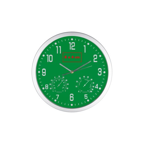 Groene wandklok met uur-, minuten- en secondewijzers.