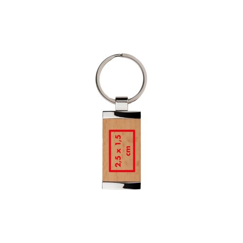Houten sleutelhanger met metalen rand en ring.