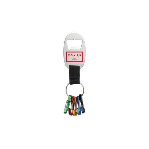 Metalen sleutelhanger met flesopener en karabijnhaak.