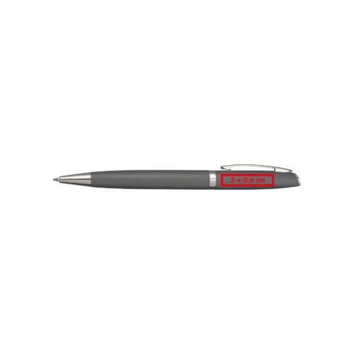 Grijze metalen balpen met clip en drukknopmechanisme.