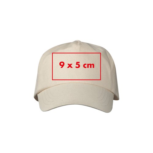 Beige stoffen baseballpet met verstelbare band.