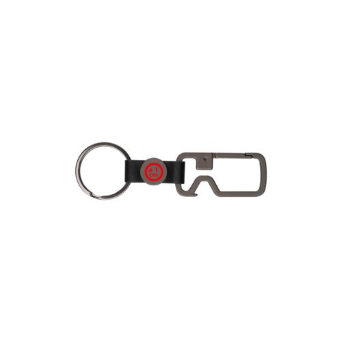 Zwarte lederen sleutelhanger met metalen ring en flesopener.
