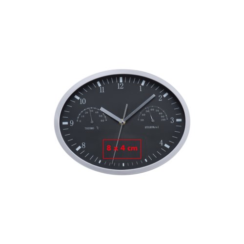 Zwarte wandklok met thermometer en hygrometer.