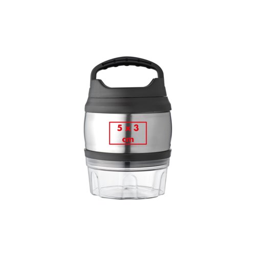 Zilverkleurige metalen en plastic container met deksel en handvat.