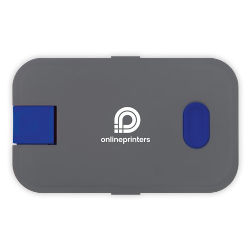 Blauwe plastic lunchbox met clipsluiting.