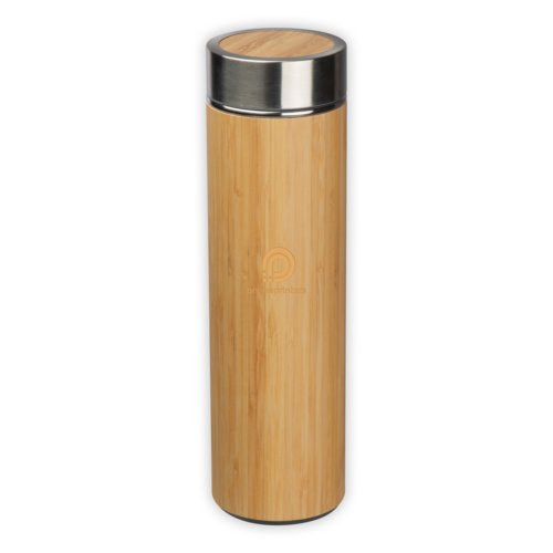Beige bamboe thermosfles met schroefdop.