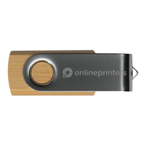 Houten USB-stick met draaibare metalen behuizing.