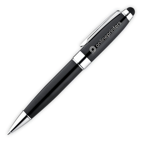 Zwarte metalen balpen met touchscreen functie en clip.